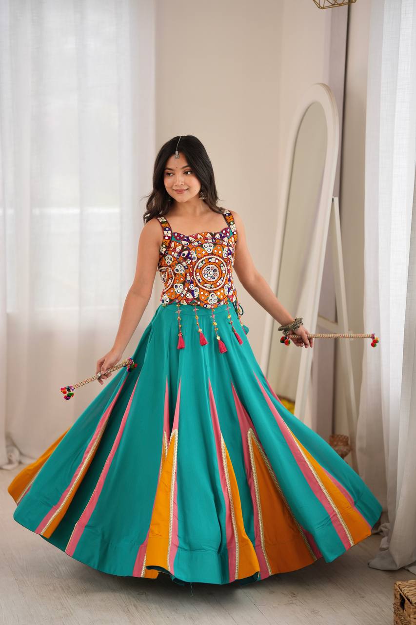 Eshaal Heavy Rayon Designer Lehenga Choli with Fancy Lagdi Patta Lace Mirror Work Blouse
