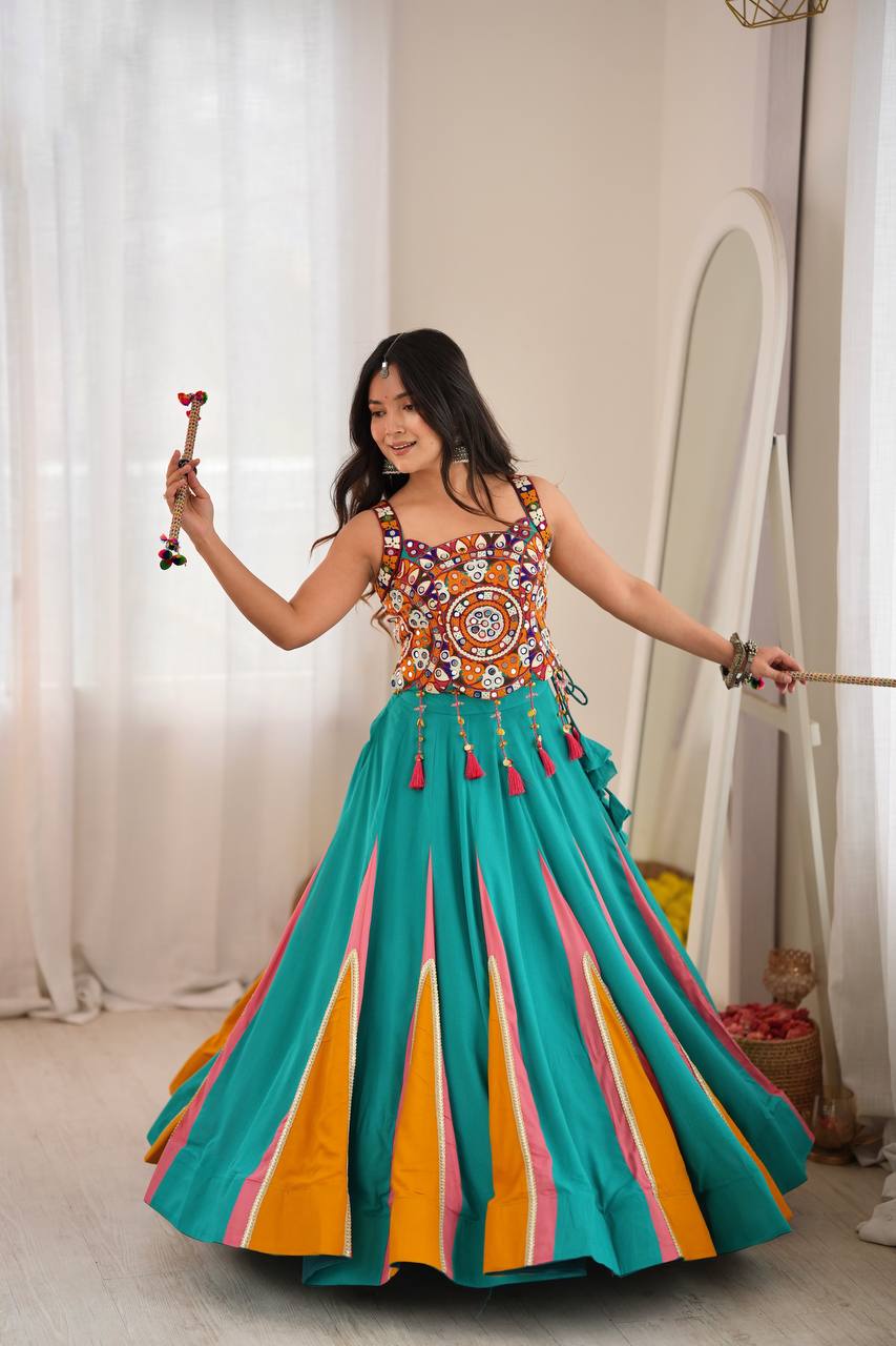 Eshaal Heavy Rayon Designer Lehenga Choli with Fancy Lagdi Patta Lace Mirror Work Blouse