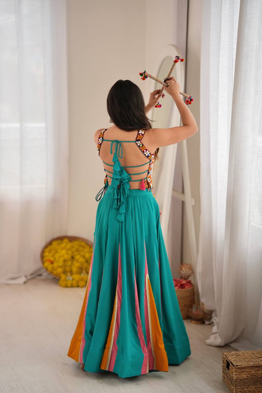 Eshaal Heavy Rayon Designer Lehenga Choli with Fancy Lagdi Patta Lace Mirror Work Blouse