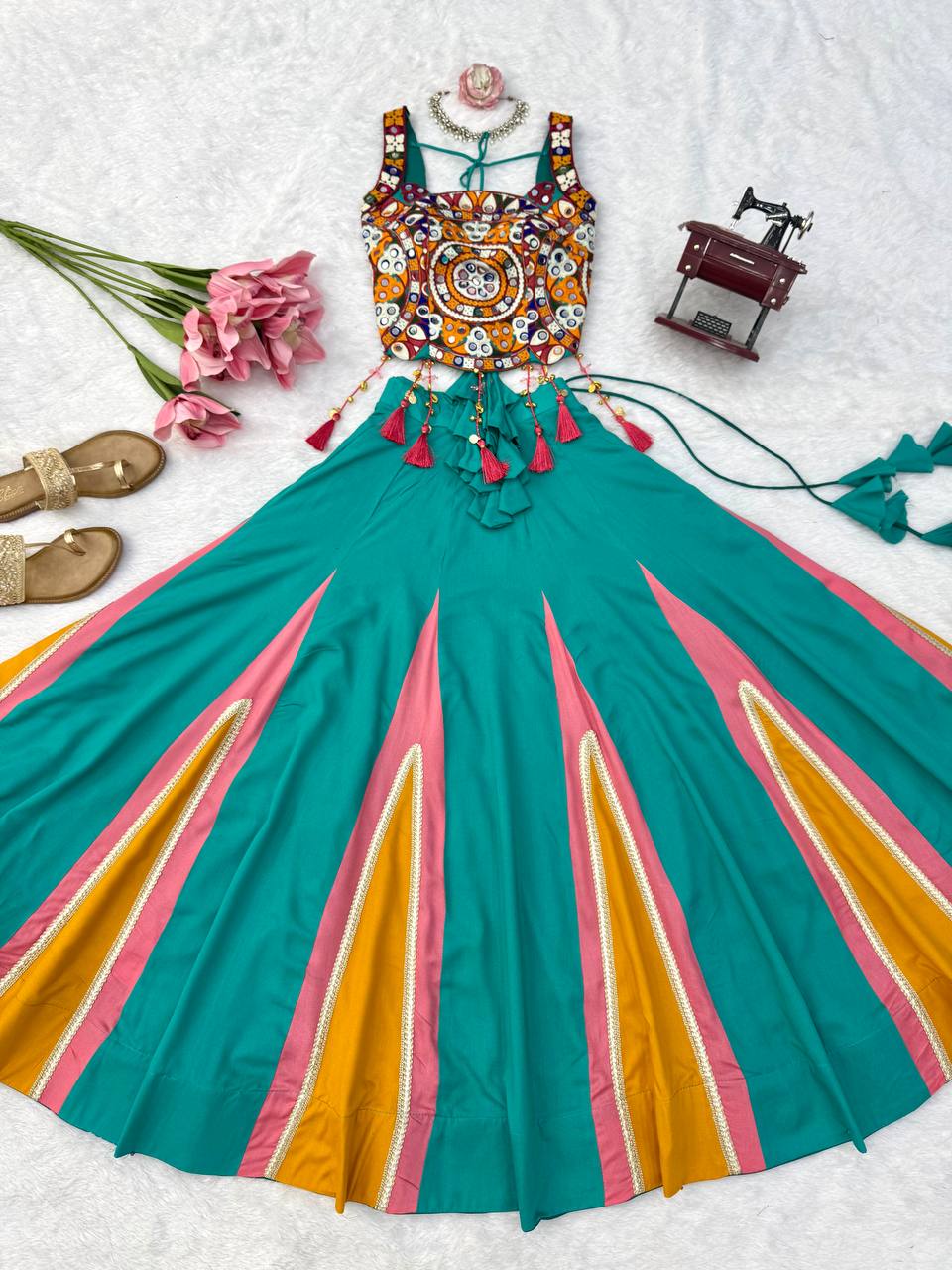 Eshaal Heavy Rayon Designer Lehenga Choli with Fancy Lagdi Patta Lace Mirror Work Blouse