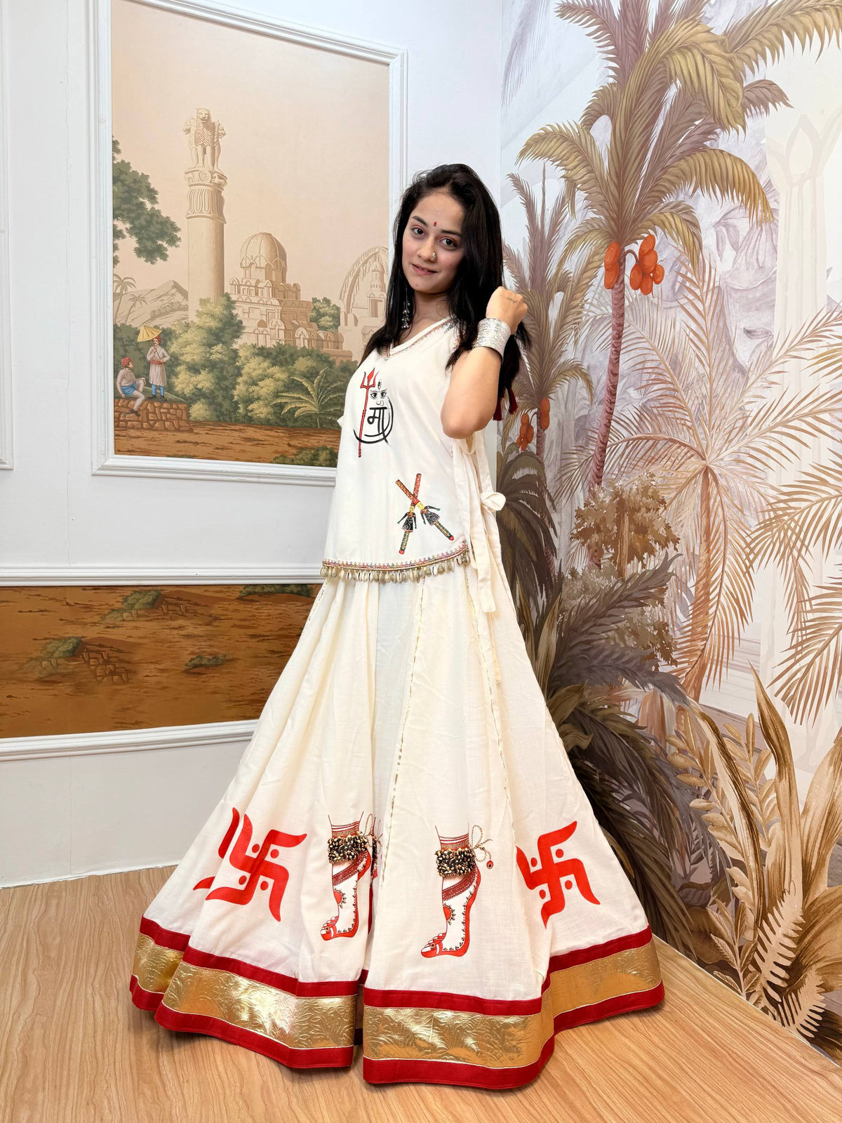 Gulnaar Navratri 2026 Pure Cotton Hand-Printed Lehenga Choli with Embroidered Koti, 7 Meter Flair & Lace Detailing
