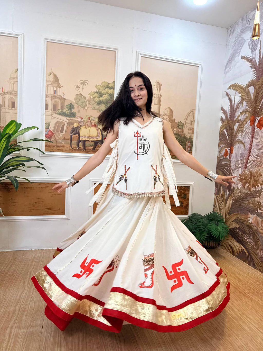 Gulnaar Navratri 2026 Pure Cotton Hand-Printed Lehenga Choli with Embroidered Koti, 7 Meter Flair & Lace Detailing