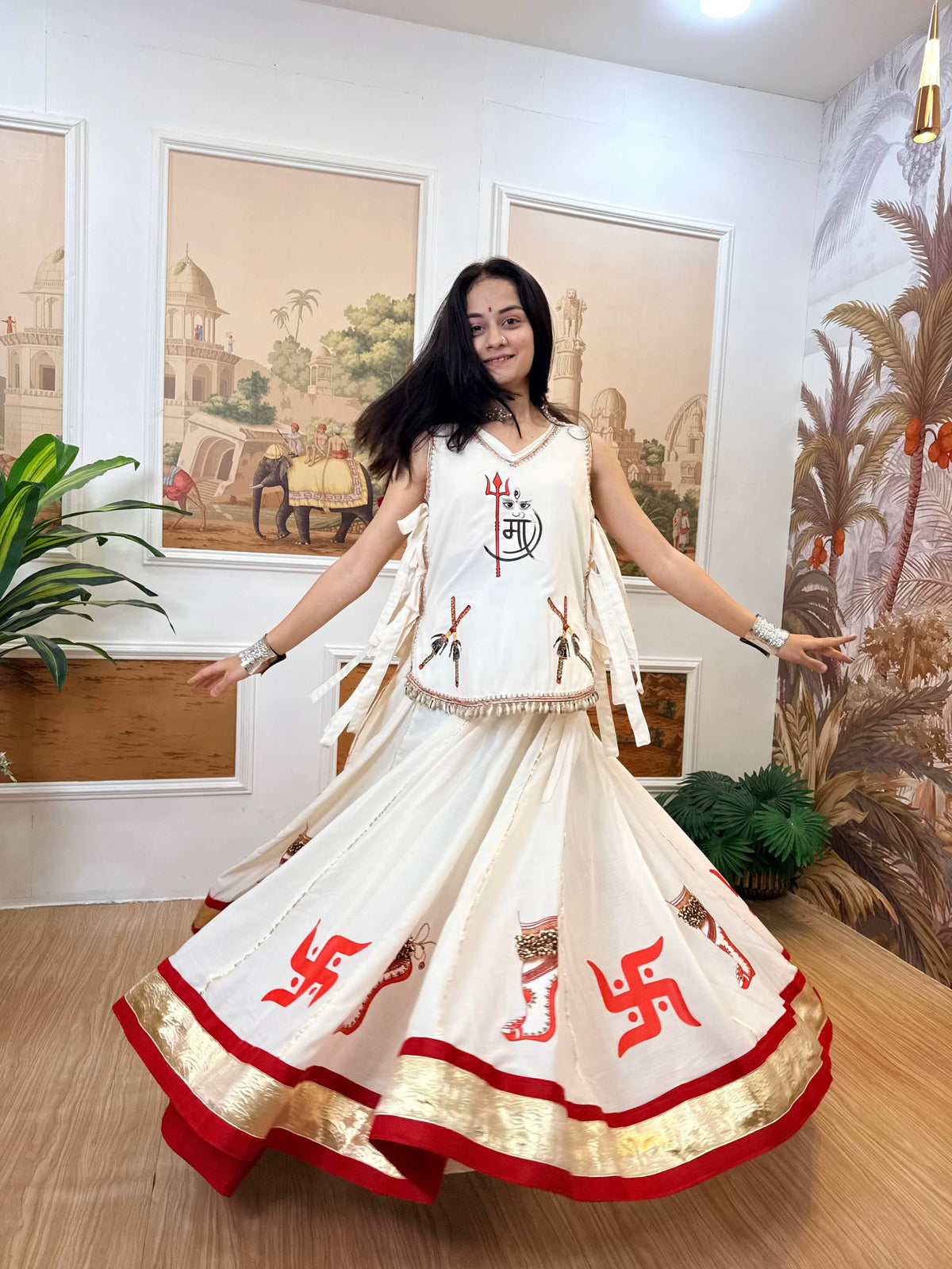 Gulnaar Navratri 2026 Pure Cotton Hand-Printed Lehenga Choli with Embroidered Koti, 7 Meter Flair & Lace Detailing