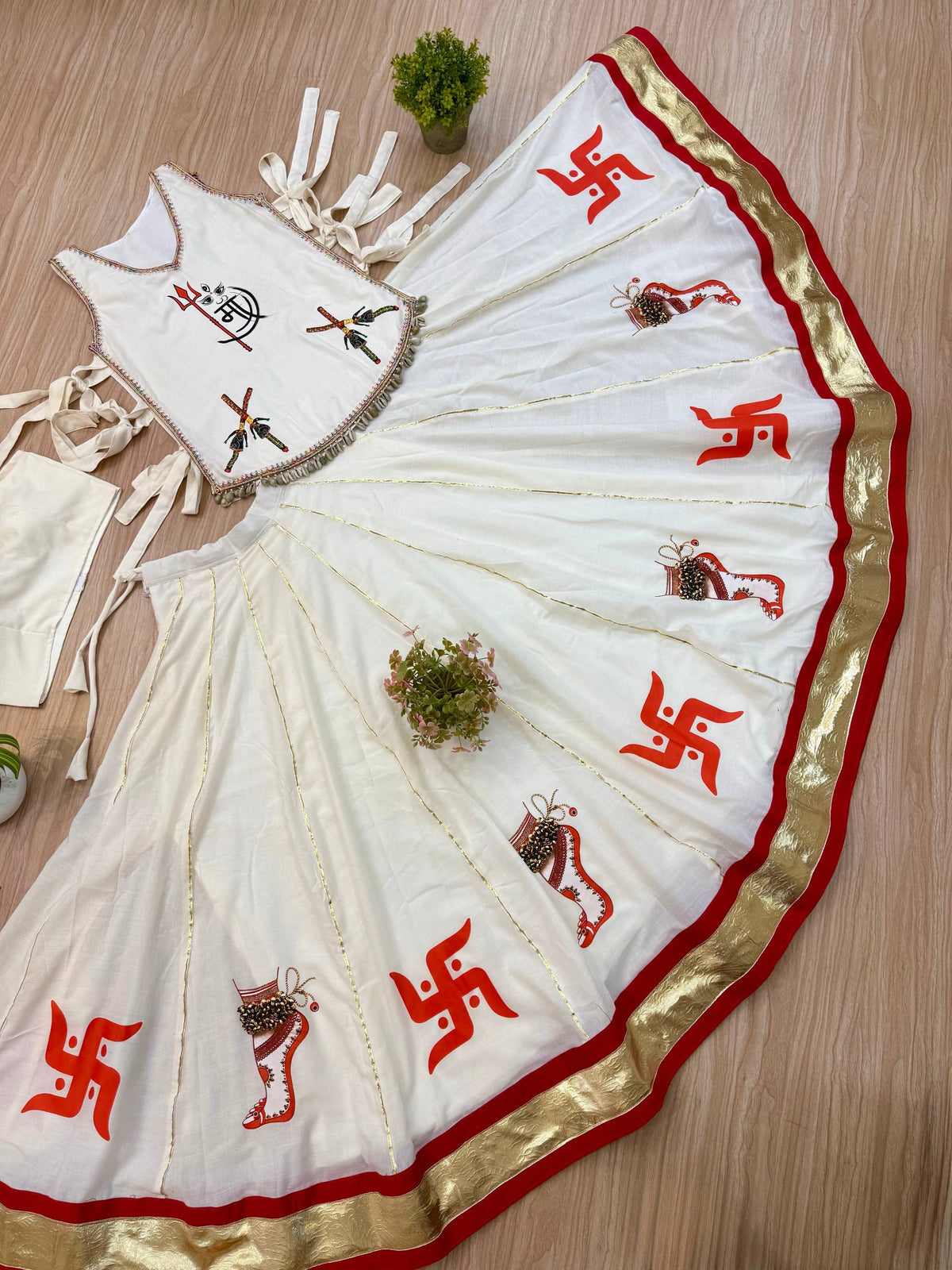 Gulnaar Navratri 2026 Pure Cotton Hand-Printed Lehenga Choli with Embroidered Koti, 7 Meter Flair & Lace Detailing