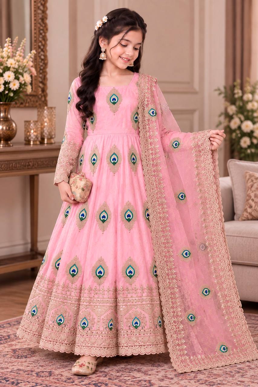 Aaradhya Fendy Silk Sequins Embroidered Mother Daughter Matching Gown Set with Pant & Dupatta