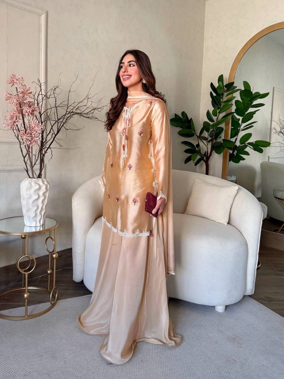 Inaya Japan Satin Thread Embroidered Top with Natural Crepe Palazzo & Fancy Lace Dupatta Set