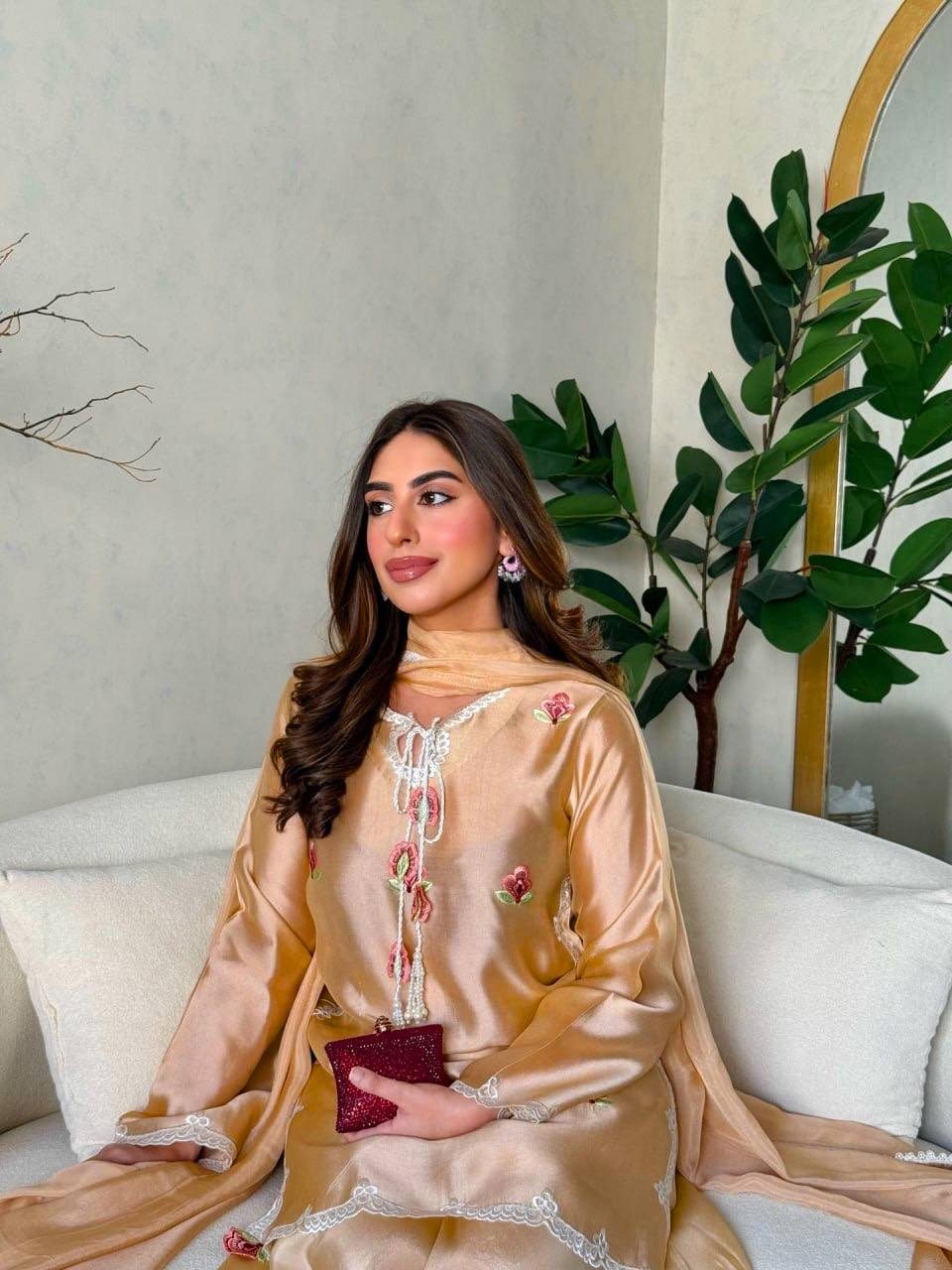 Inaya Japan Satin Thread Embroidered Top with Natural Crepe Palazzo & Fancy Lace Dupatta Set