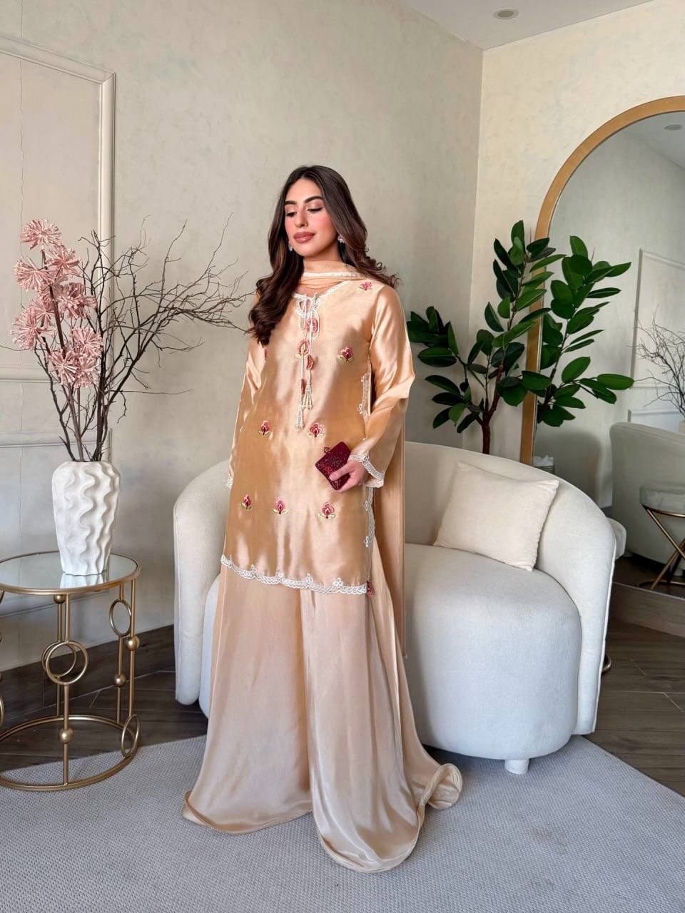 Inaya Japan Satin Thread Embroidered Top with Natural Crepe Palazzo & Fancy Lace Dupatta Set
