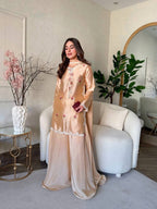 Inaya Japan Satin Thread Embroidered Top with Natural Crepe Palazzo & Fancy Lace Dupatta Set