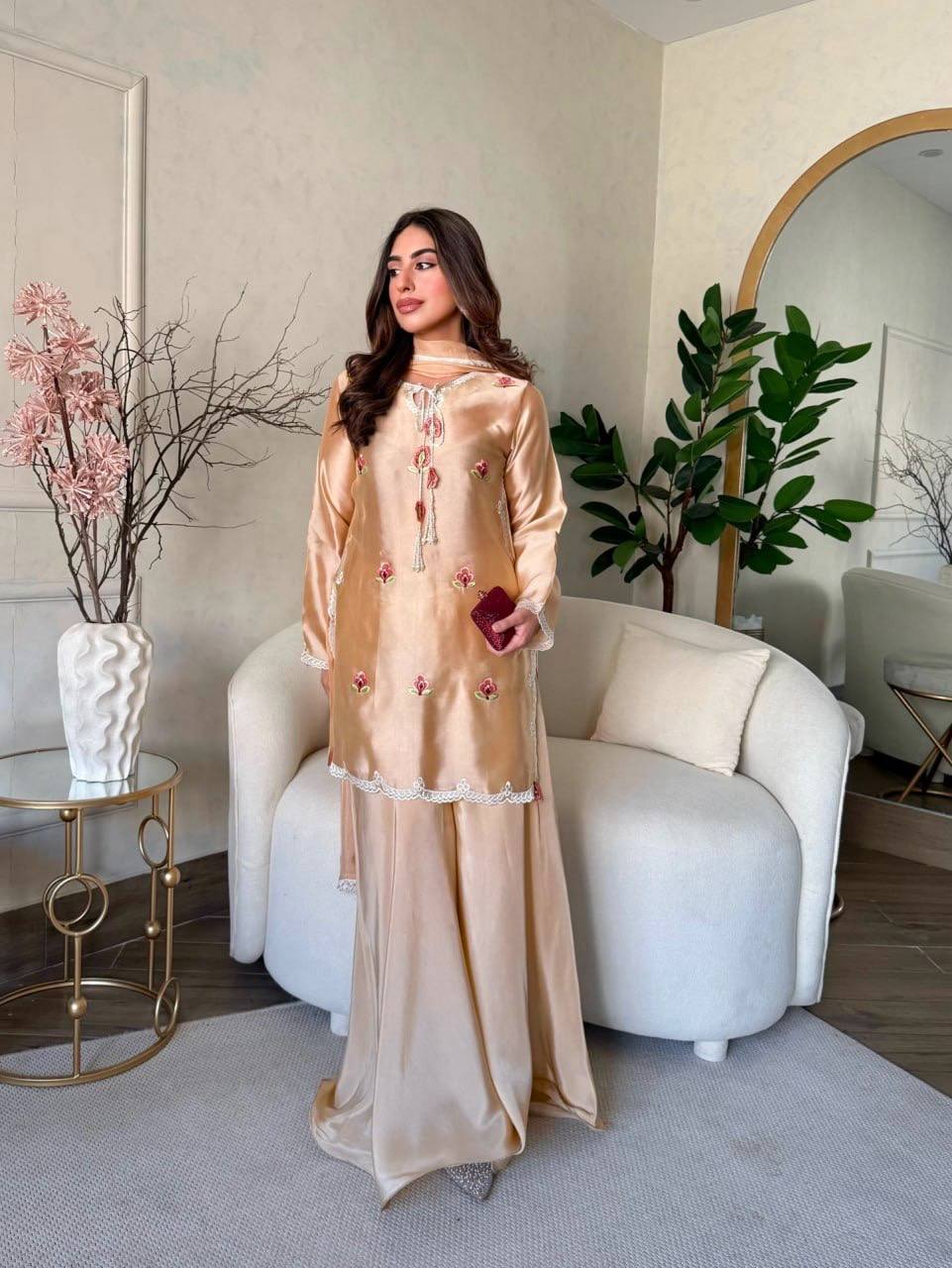Inaya Japan Satin Thread Embroidered Top with Natural Crepe Palazzo & Fancy Lace Dupatta Set