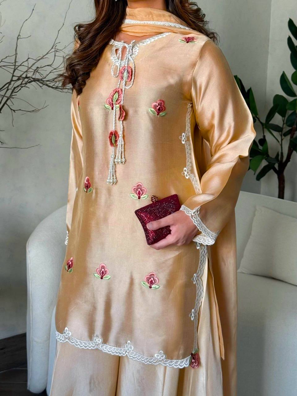 Inaya Japan Satin Thread Embroidered Top with Natural Crepe Palazzo & Fancy Lace Dupatta Set