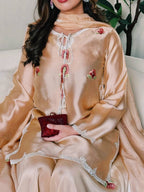 Inaya Japan Satin Thread Embroidered Top with Natural Crepe Palazzo & Fancy Lace Dupatta Set