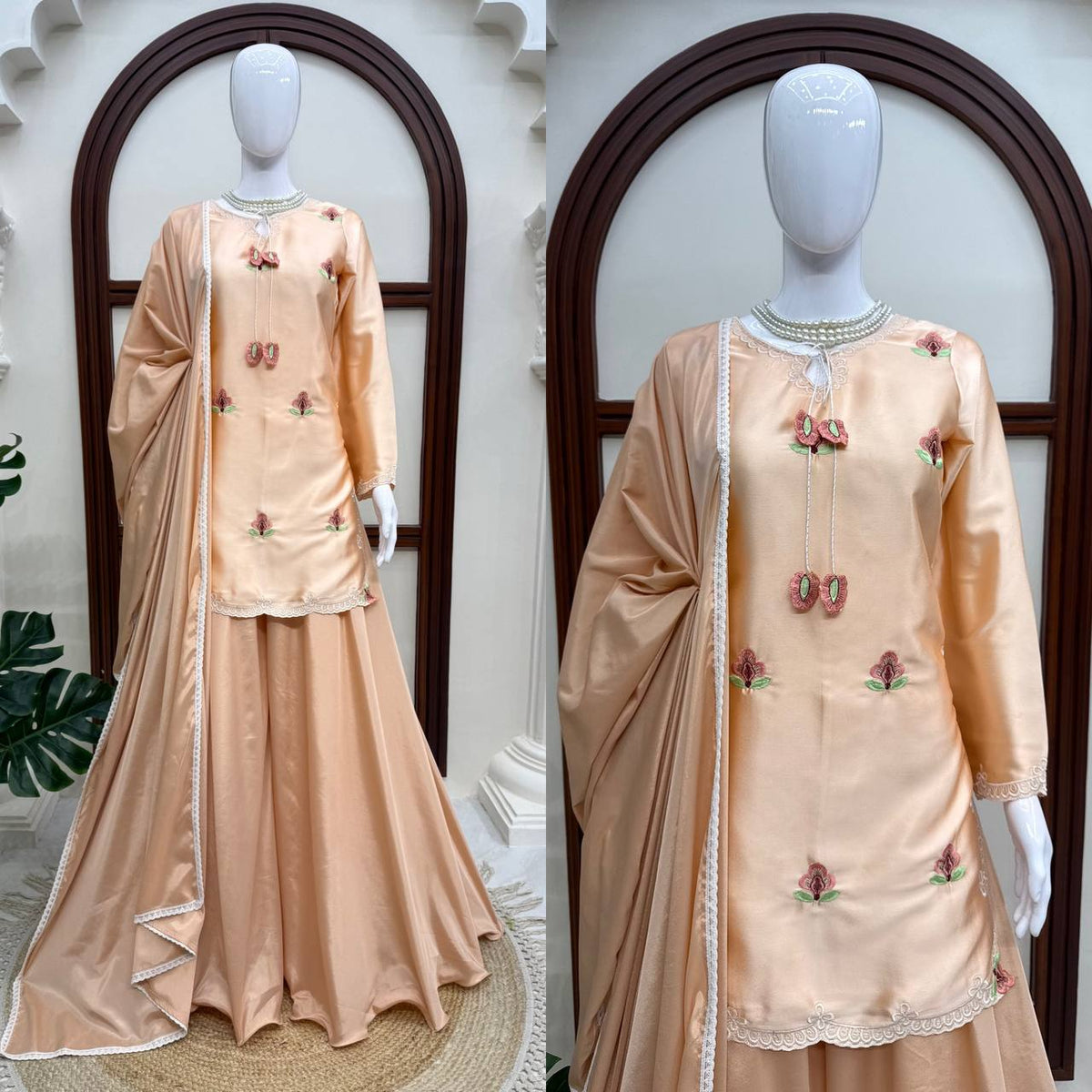 Inaya Japan Satin Thread Embroidered Top with Natural Crepe Palazzo & Fancy Lace Dupatta Set