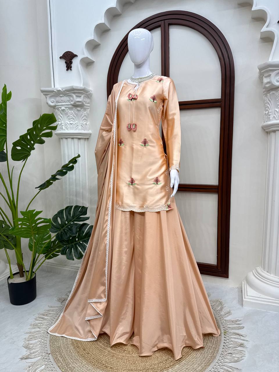 Inaya Japan Satin Thread Embroidered Top with Natural Crepe Palazzo & Fancy Lace Dupatta Set