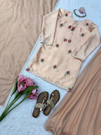 Inaya Japan Satin Thread Embroidered Top with Natural Crepe Palazzo & Fancy Lace Dupatta Set