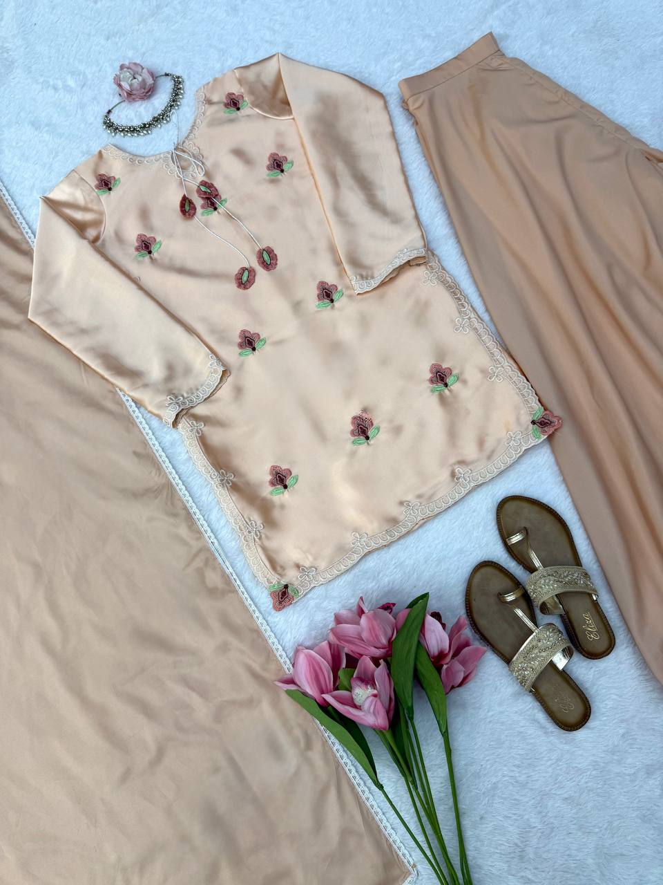 Inaya Japan Satin Thread Embroidered Top with Natural Crepe Palazzo & Fancy Lace Dupatta Set