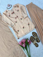 Inaya Japan Satin Thread Embroidered Top with Natural Crepe Palazzo & Fancy Lace Dupatta Set