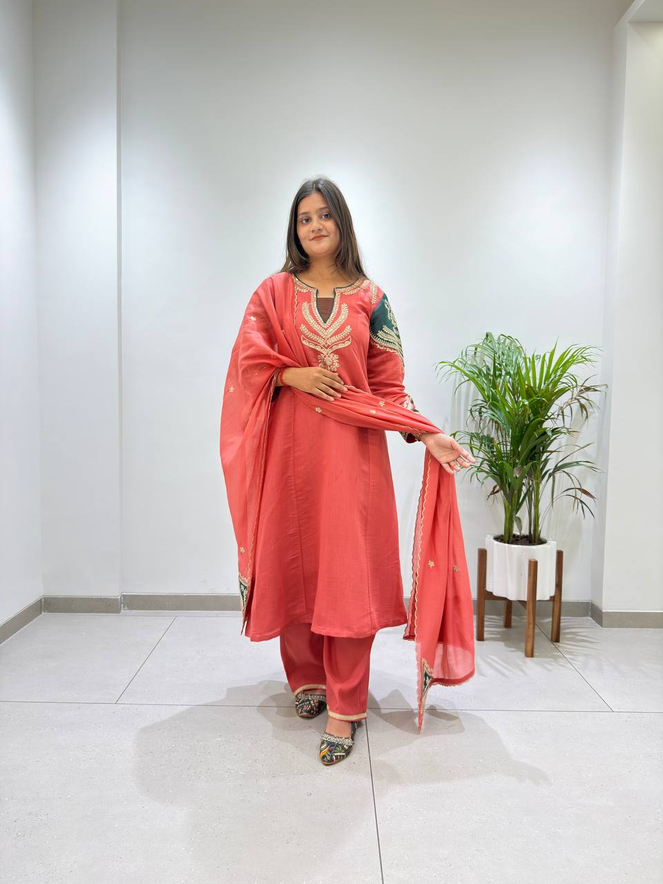 Ruhani Mul Chanderi Cording Sequin Embroidered Top Palazzo Set with Matching Dupatta