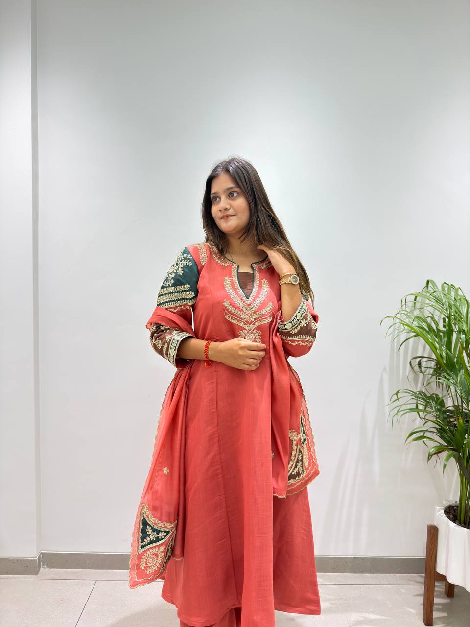 Ruhani Mul Chanderi Cording Sequin Embroidered Top Palazzo Set with Matching Dupatta