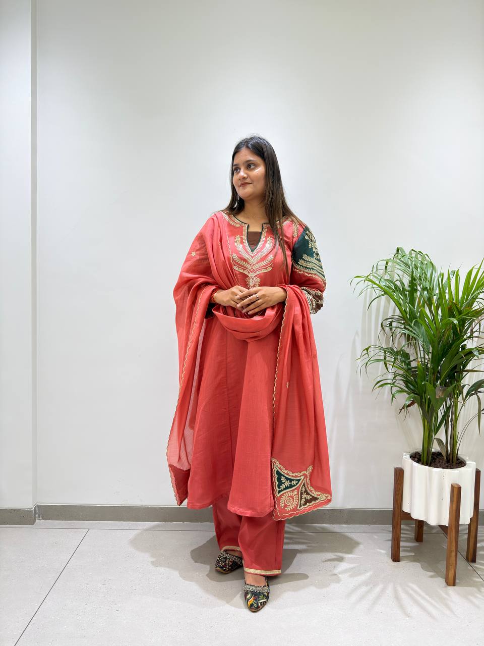 Ruhani Mul Chanderi Cording Sequin Embroidered Top Palazzo Set with Matching Dupatta