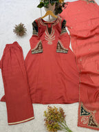 Ruhani Mul Chanderi Cording Sequin Embroidered Top Palazzo Set with Matching Dupatta