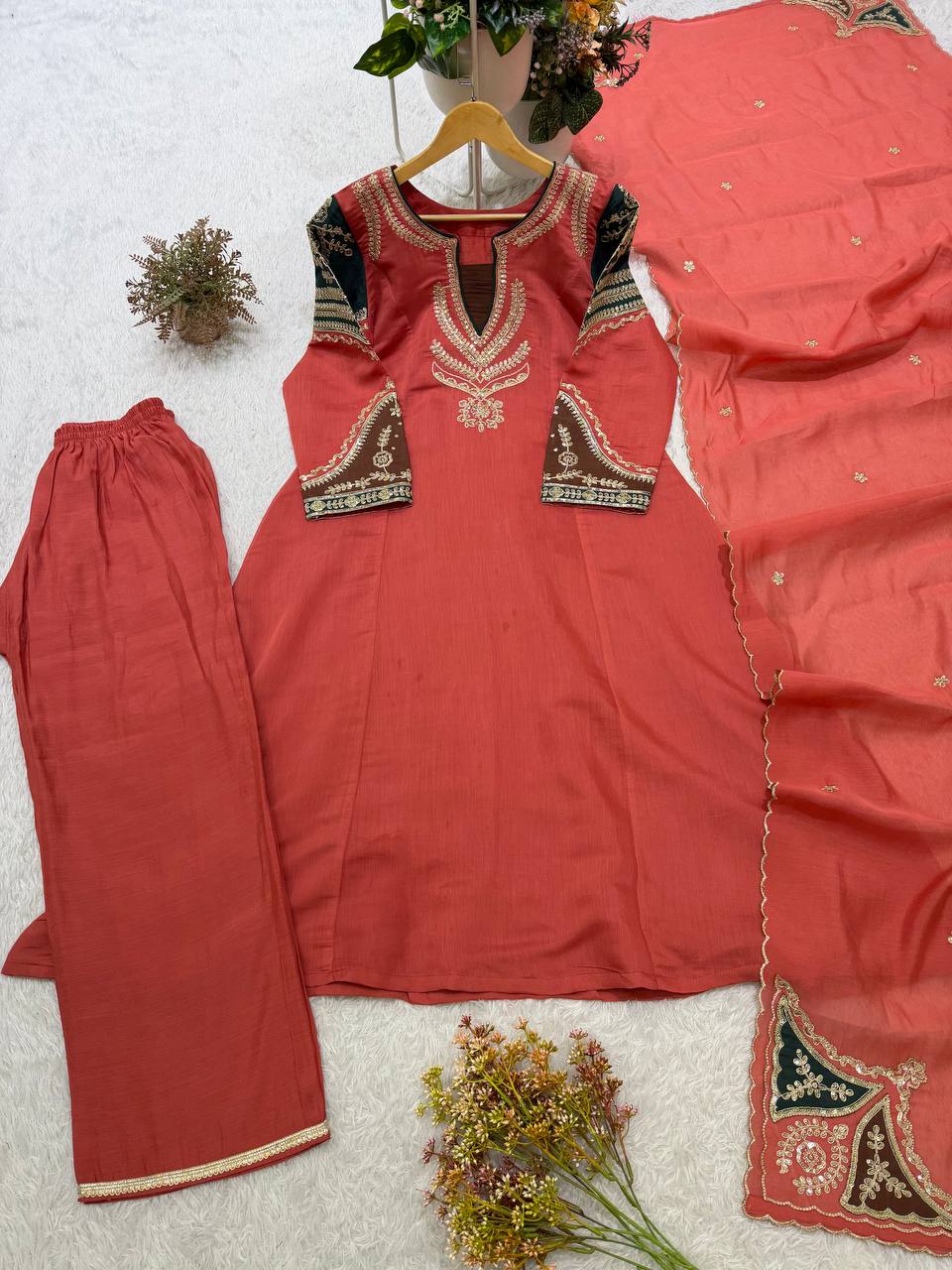 Ruhani Mul Chanderi Cording Sequin Embroidered Top Palazzo Set with Matching Dupatta