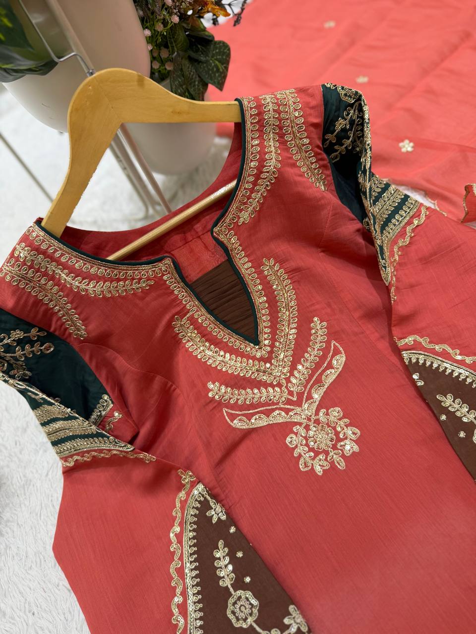 Ruhani Mul Chanderi Cording Sequin Embroidered Top Palazzo Set with Matching Dupatta