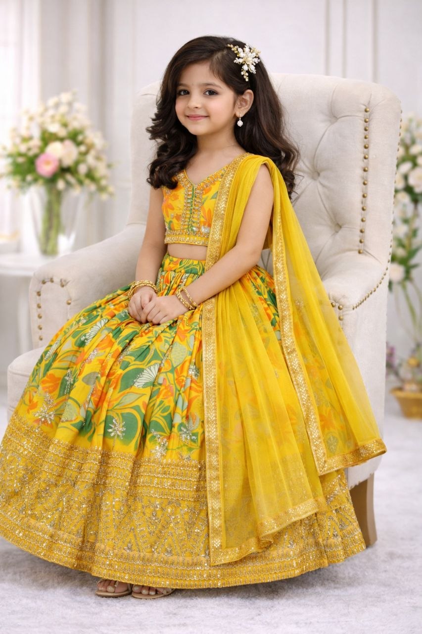 Elara Faux Georgette Digital Print & Sequins Embroidered Lehenga Choli with Butterfly Net Dupatta