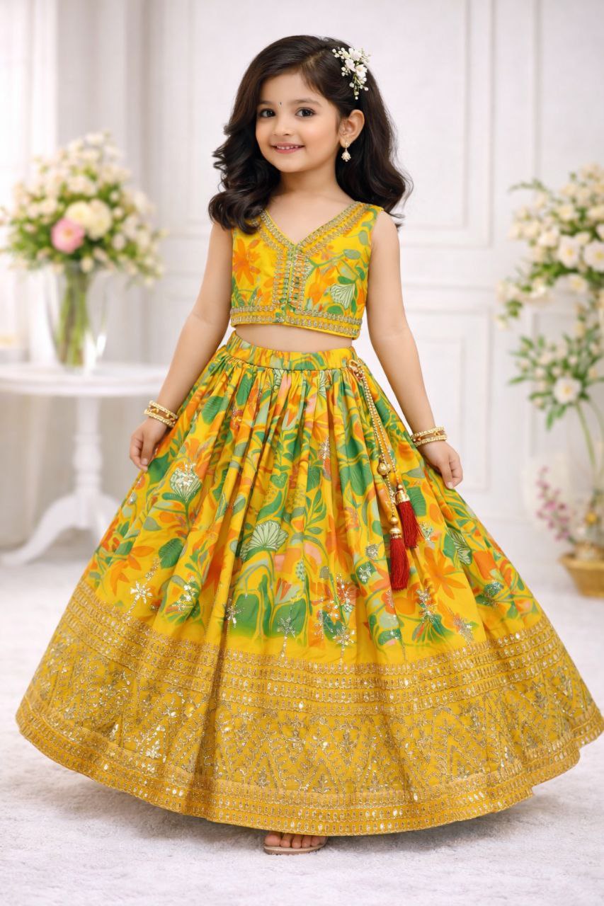 Elara Faux Georgette Digital Print & Sequins Embroidered Lehenga Choli with Butterfly Net Dupatta