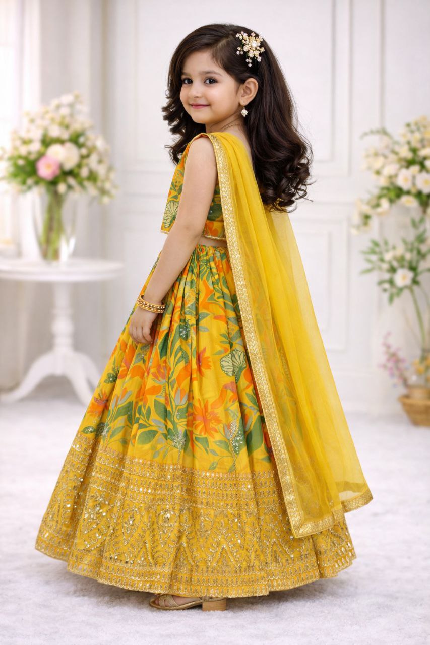 Elara Faux Georgette Digital Print & Sequins Embroidered Lehenga Choli with Butterfly Net Dupatta