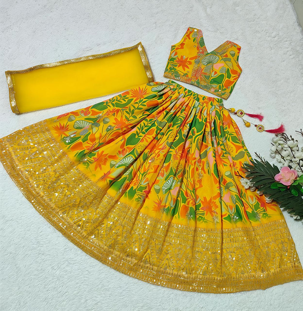 Elara Faux Georgette Digital Print & Sequins Embroidered Lehenga Choli with Butterfly Net Dupatta