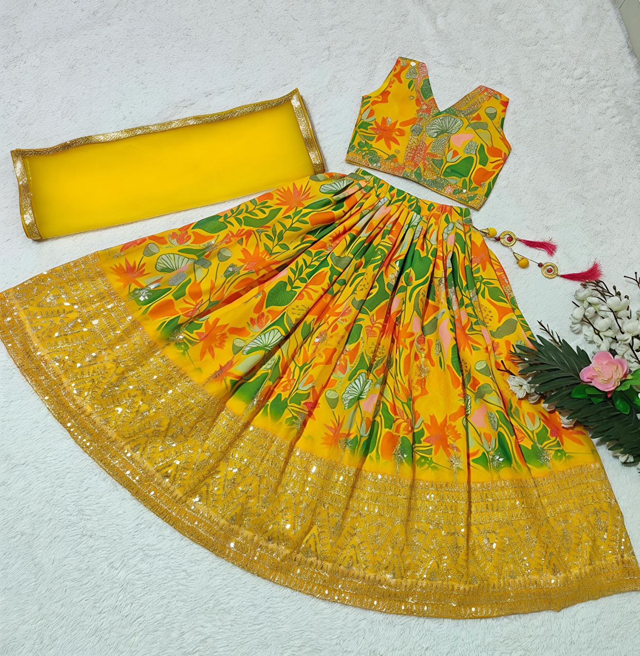 Elara Faux Georgette Digital Print & Sequins Embroidered Lehenga Choli with Butterfly Net Dupatta