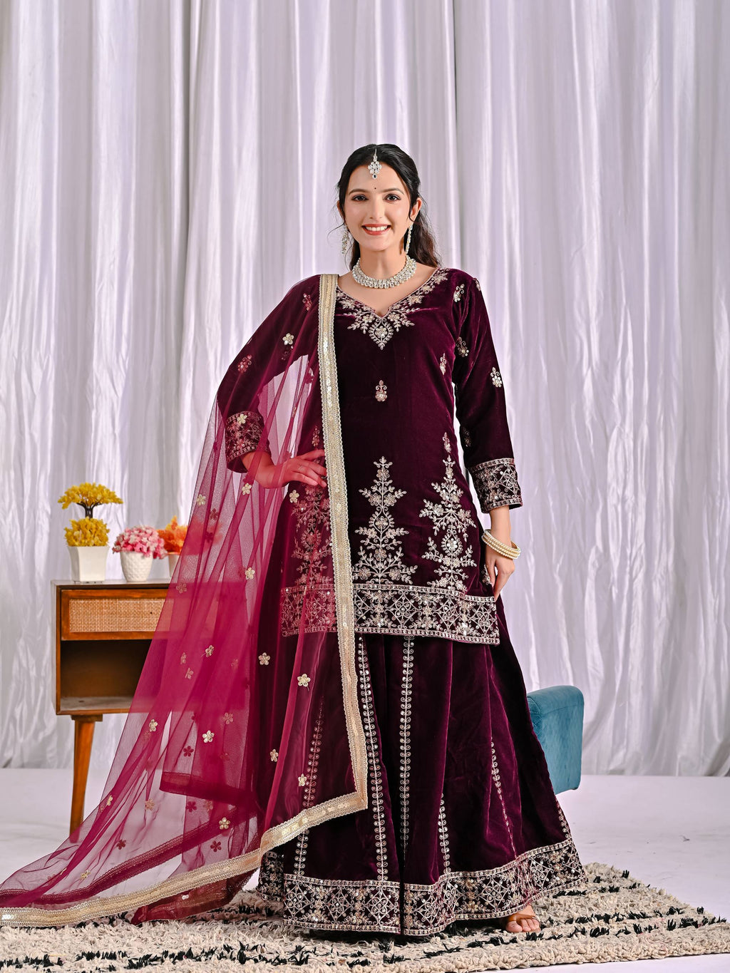 Vihana Pure Heavy Viscose Velvet Embroidered Top Sharara Palazzo Set with Sequin Work & Butterfly Net Dupatta