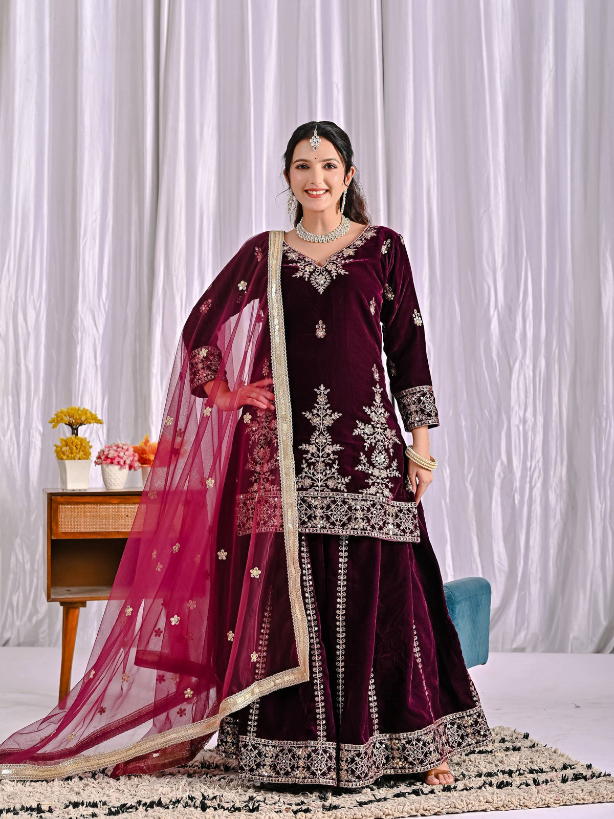 Vihana Pure Heavy Viscose Velvet Embroidered Top Sharara Palazzo Set with Sequin Work & Butterfly Net Dupatta