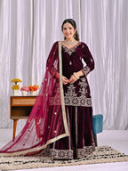 Vihana Pure Heavy Viscose Velvet Embroidered Top Sharara Palazzo Set with Sequin Work & Butterfly Net Dupatta