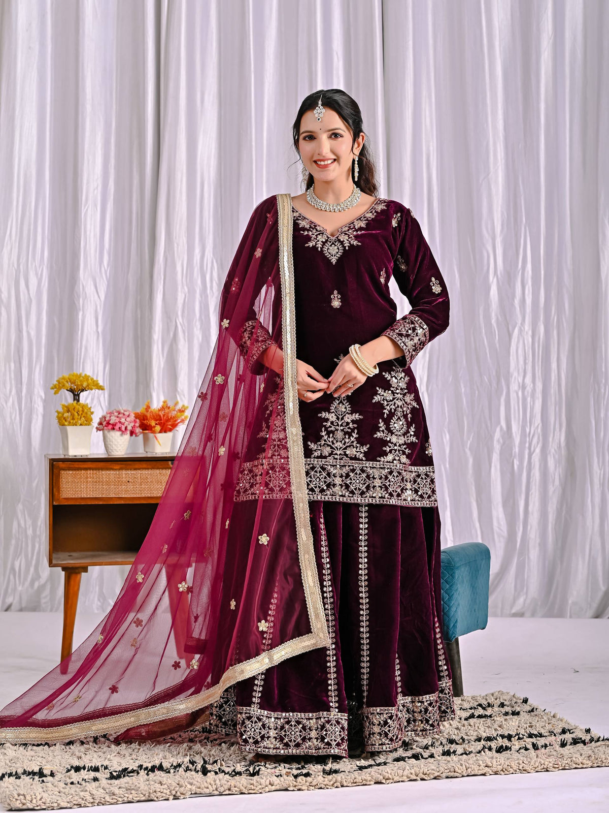 Vihana Pure Heavy Viscose Velvet Embroidered Top Sharara Palazzo Set with Sequin Work & Butterfly Net Dupatta