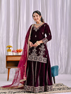 Vihana Pure Heavy Viscose Velvet Embroidered Top Sharara Palazzo Set with Sequin Work & Butterfly Net Dupatta