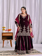 Vihana Pure Heavy Viscose Velvet Embroidered Top Sharara Palazzo Set with Sequin Work & Butterfly Net Dupatta