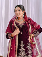 Vihana Pure Heavy Viscose Velvet Embroidered Top Sharara Palazzo Set with Sequin Work & Butterfly Net Dupatta