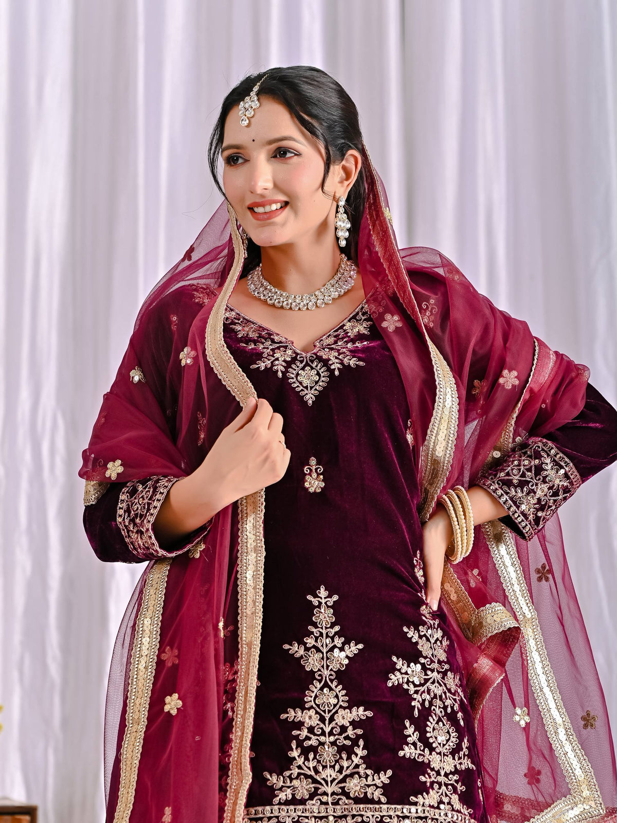 Vihana Pure Heavy Viscose Velvet Embroidered Top Sharara Palazzo Set with Sequin Work & Butterfly Net Dupatta