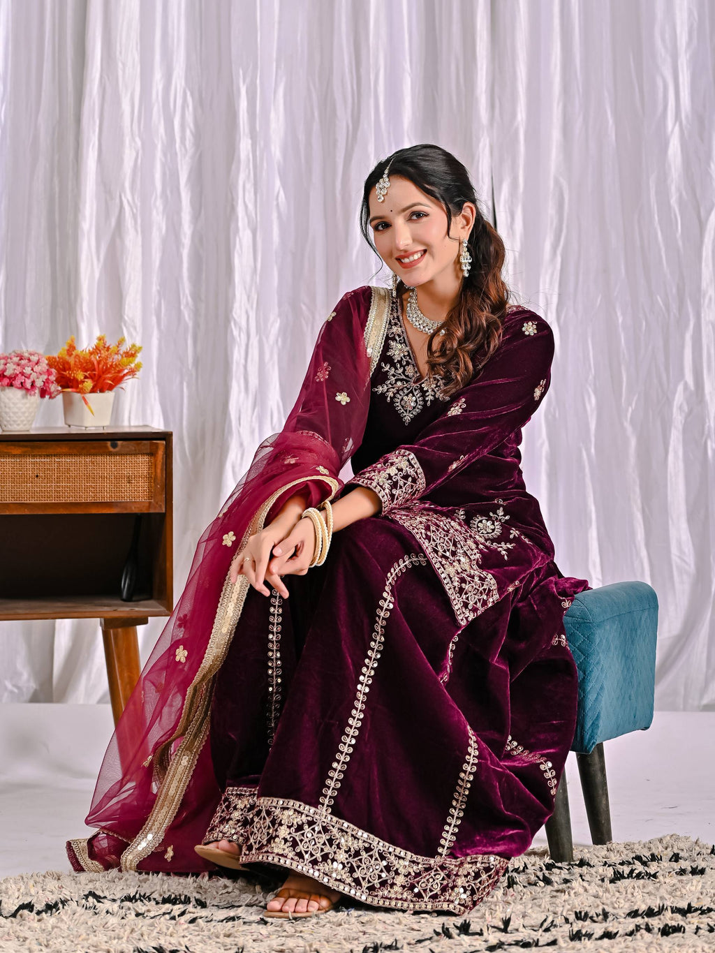 Vihana Pure Heavy Viscose Velvet Embroidered Top Sharara Palazzo Set with Sequin Work & Butterfly Net Dupatta