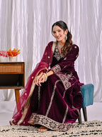 Vihana Pure Heavy Viscose Velvet Embroidered Top Sharara Palazzo Set with Sequin Work & Butterfly Net Dupatta