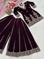 Vihana Pure Heavy Viscose Velvet Embroidered Top Sharara Palazzo Set with Sequin Work & Butterfly Net Dupatta