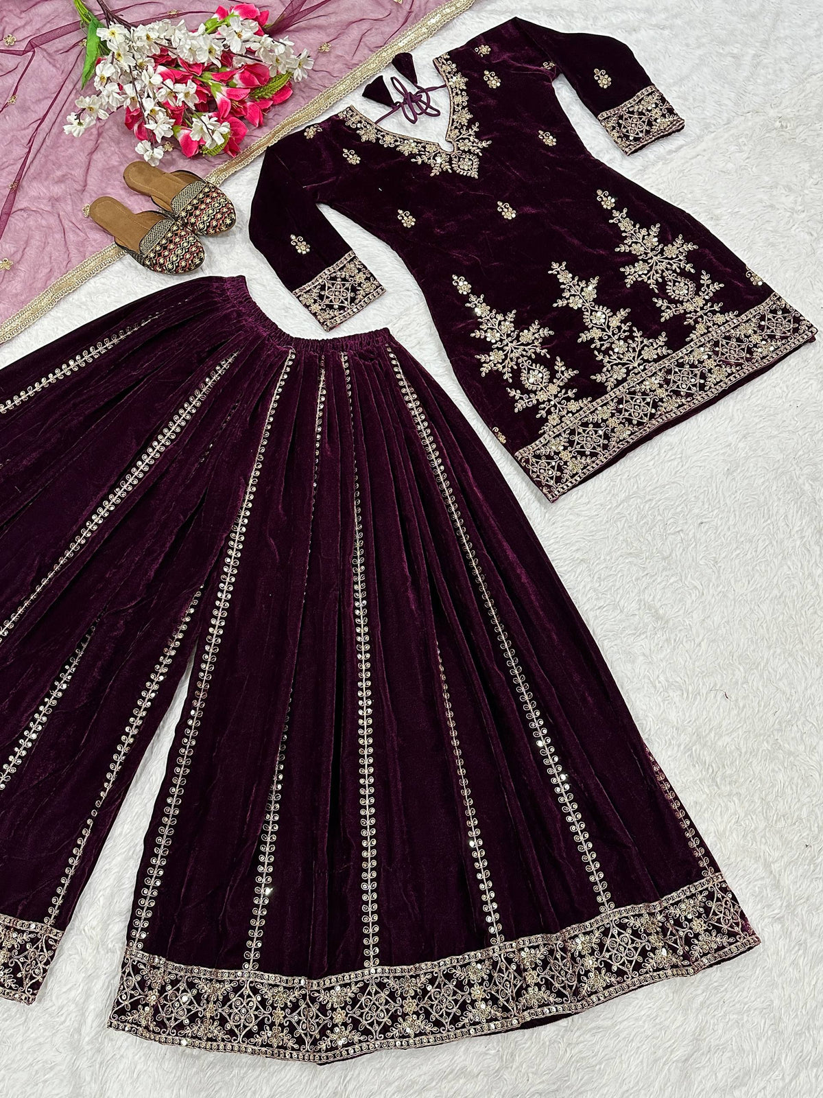 Vihana Pure Heavy Viscose Velvet Embroidered Top Sharara Palazzo Set with Sequin Work & Butterfly Net Dupatta