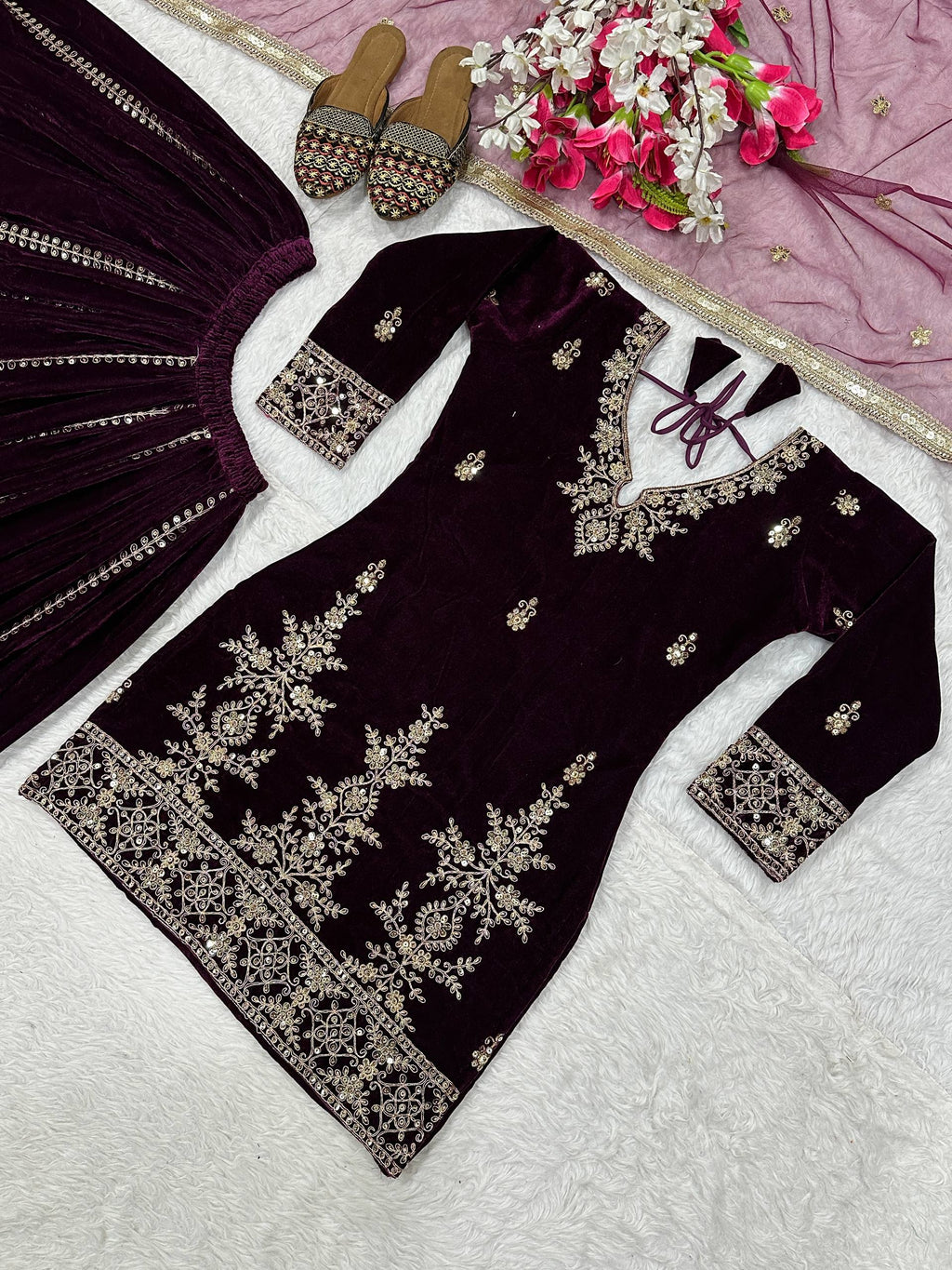 Vihana Pure Heavy Viscose Velvet Embroidered Top Sharara Palazzo Set with Sequin Work & Butterfly Net Dupatta
