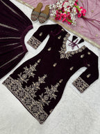 Vihana Pure Heavy Viscose Velvet Embroidered Top Sharara Palazzo Set with Sequin Work & Butterfly Net Dupatta