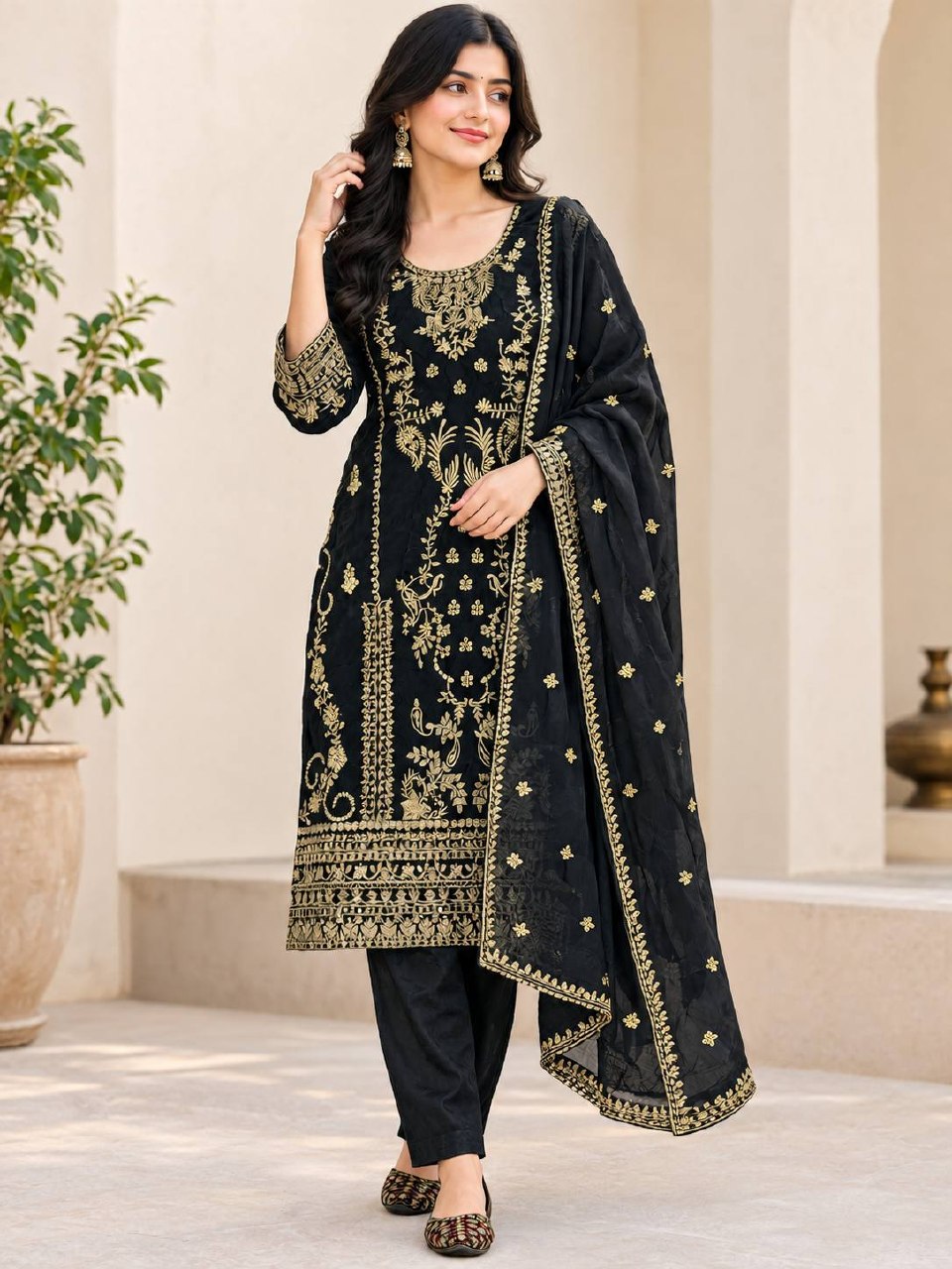 Aarzoo Korean Satin Silk Sequin Embroidered Top Pant Set with Heavy Tabby Organza Dupatta