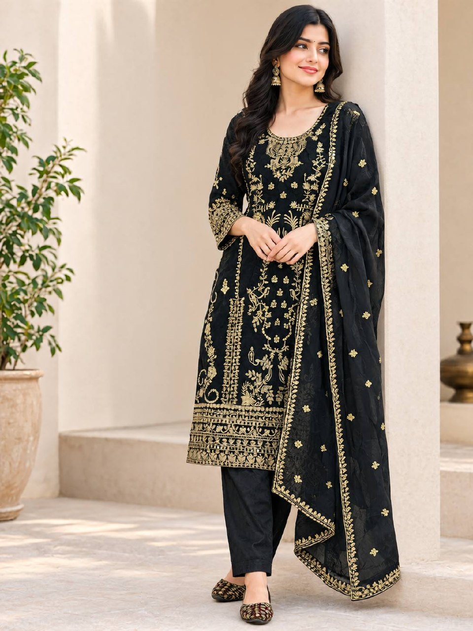 Aarzoo Korean Satin Silk Sequin Embroidered Top Pant Set with Heavy Tabby Organza Dupatta