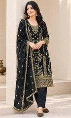 Aarzoo Korean Satin Silk Sequin Embroidered Top Pant Set with Heavy Tabby Organza Dupatta