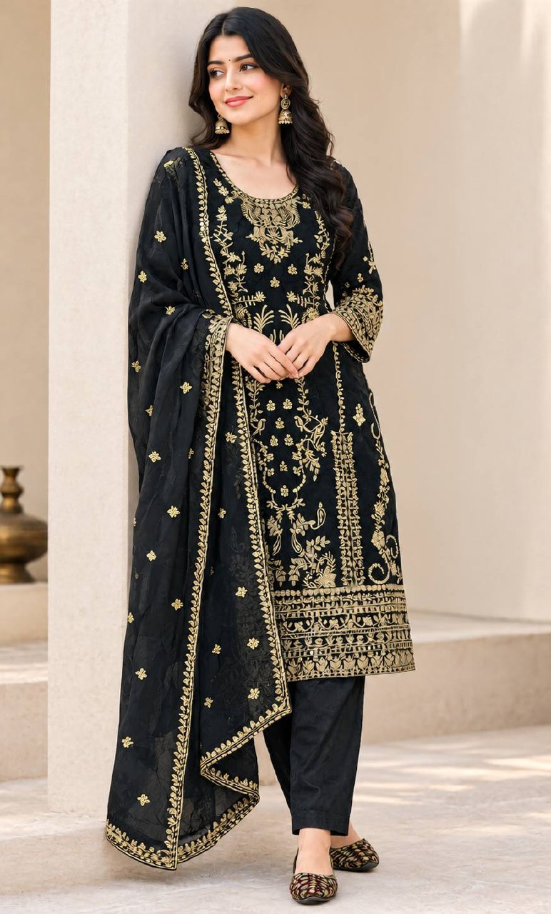 Aarzoo Korean Satin Silk Sequin Embroidered Top Pant Set with Heavy Tabby Organza Dupatta